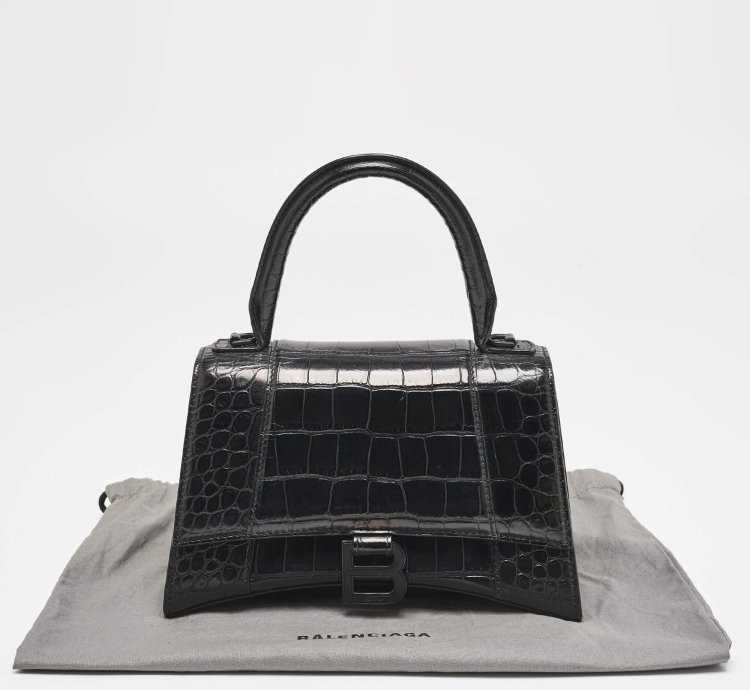 Balenciaga Black Croc Embossed Leather Small Hourglass Top Handle Bag