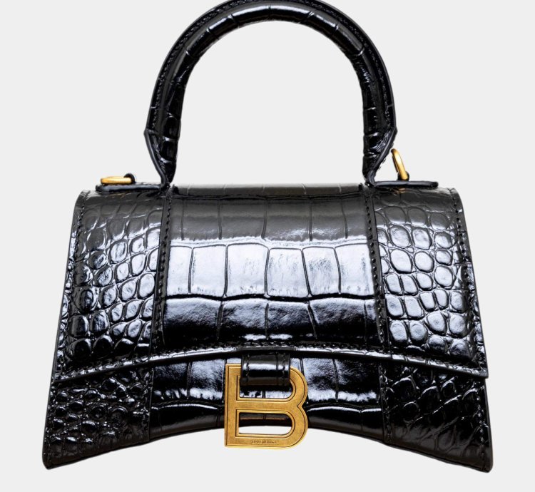 Balenciaga Black Croc Embossed Leather Xs Hourglass Top Handle Bags