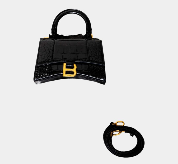 Balenciaga Black Croc Embossed Leather Xs Hourglass Top Handle Bags