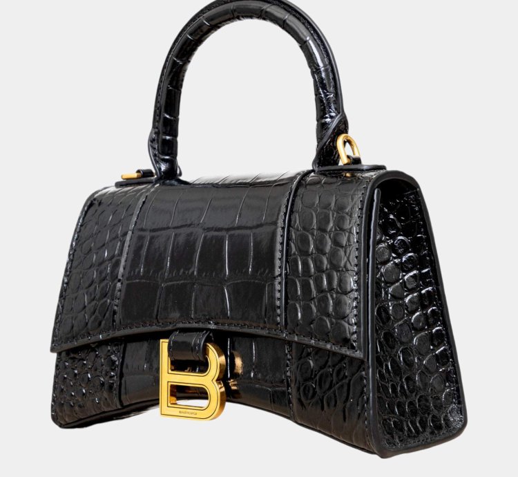 Balenciaga Black Croc Embossed Leather Xs Hourglass Top Handle Bags