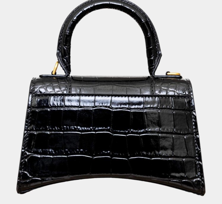 Balenciaga Black Croc Embossed Leather Xs Hourglass Top Handle Bags