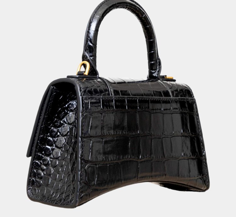 Balenciaga Black Croc Embossed Leather Xs Hourglass Top Handle Bags