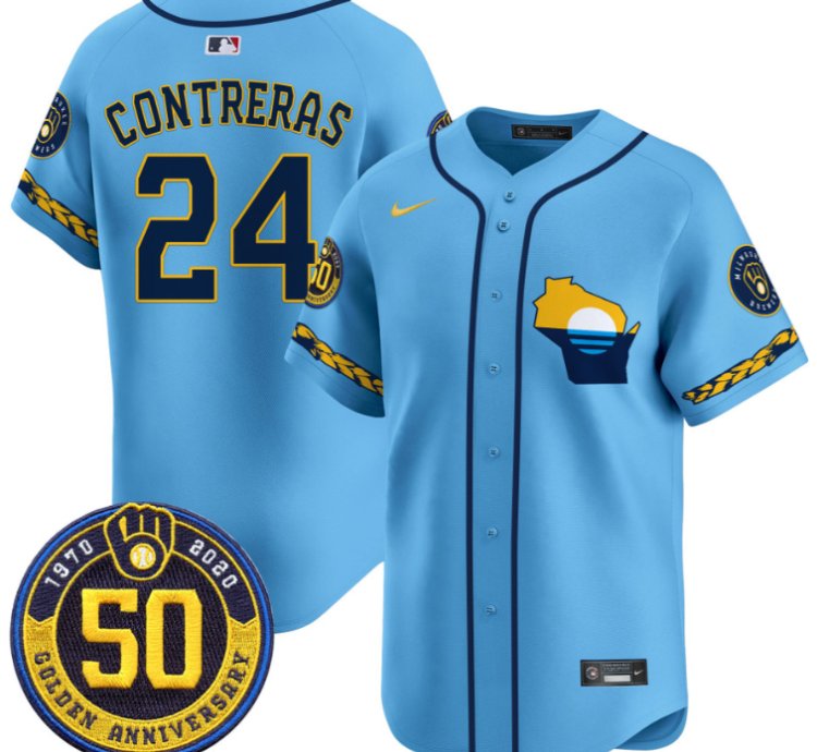 William Contreras Jersey 24 Milwaukee Brewers Golden 50th Anniversary Patch Stitched Blue
