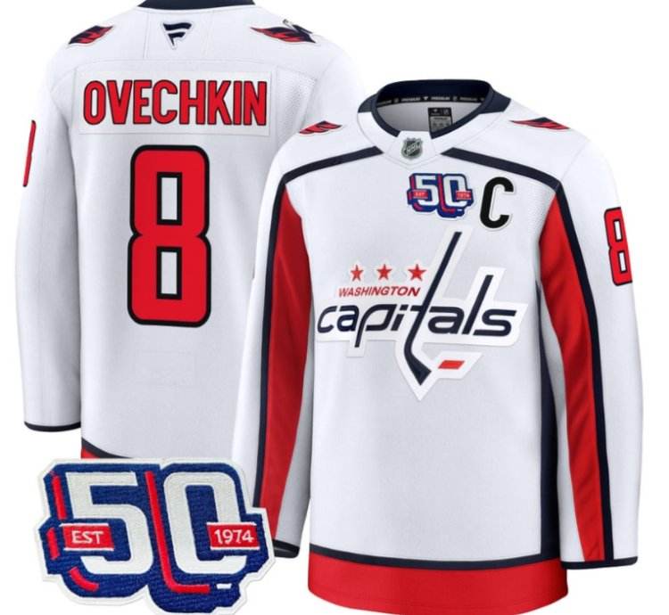 Men Alex Ovechkin Jersey 8 Washington Capitals 50th Anniversary Stitched White
