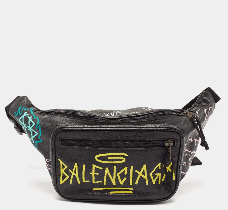 Balenciaga Black Graffiti Print Leather Logo Belt Bag