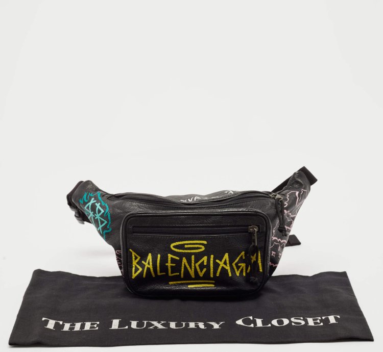 Balenciaga Black Graffiti Print Leather Logo Belt Bag