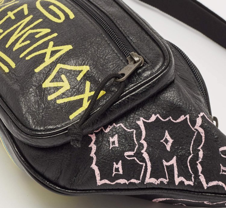 Balenciaga Black Graffiti Print Leather Logo Belt Bag