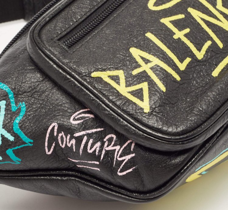 Balenciaga Black Graffiti Print Leather Logo Belt Bag