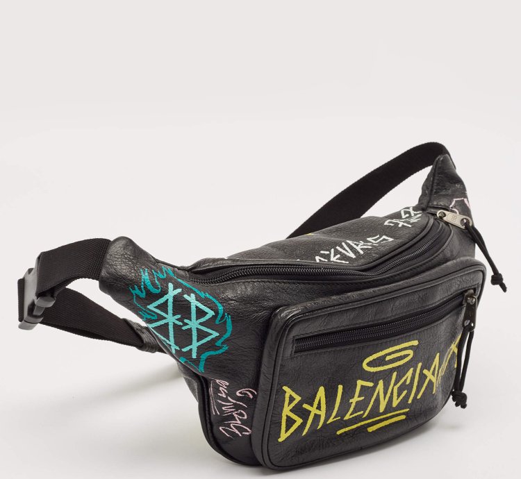 Balenciaga Black Graffiti Print Leather Logo Belt Bag
