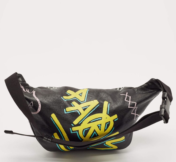 Balenciaga Black Graffiti Print Leather Logo Belt Bag