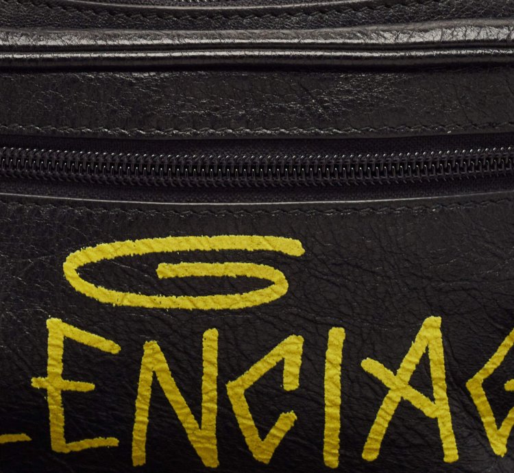 Balenciaga Black Graffiti Print Leather Logo Belt Bag