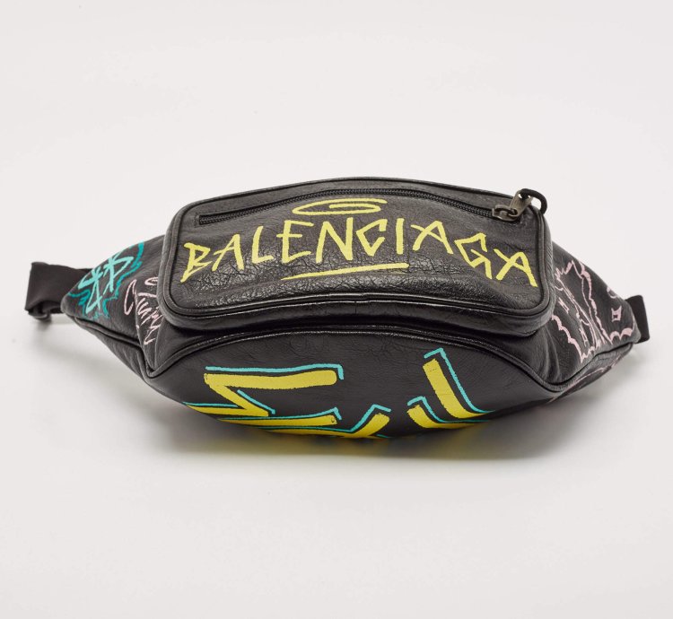 Balenciaga Black Graffiti Print Leather Logo Belt Bag