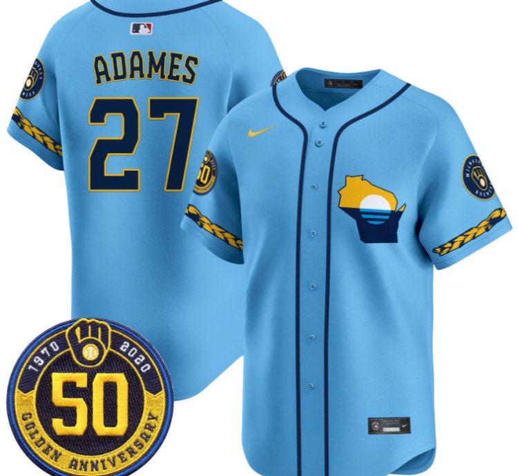 Willy Adames Jersey 27 Milwaukee Brewers Golden 50th Anniversary Patch Stitched Blue