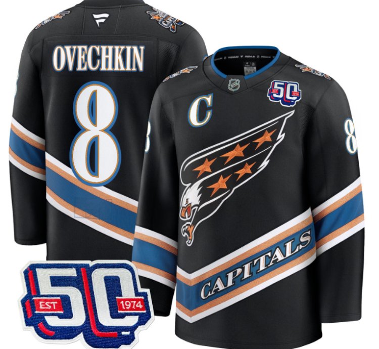 Men Alex Ovechkin Jersey 8 Washington Capitals Eagle 50th Anniversary Black