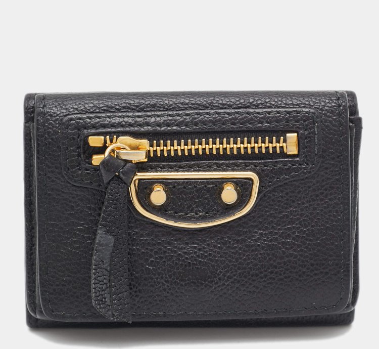 Balenciaga Black Leather Classic Metallic Edge Trifold Wallet