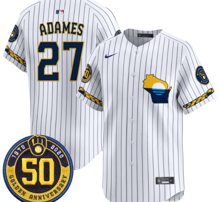 Willy Adames Jersey 27 Milwaukee Brewers Golden 50th Anniversary Patch Stitched Pinstripe
