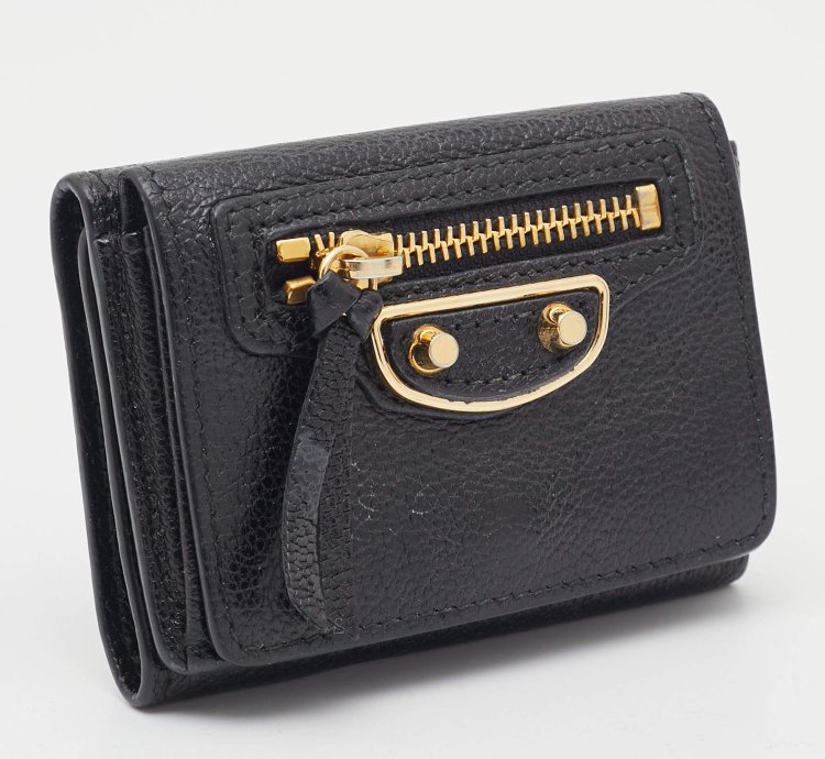 Balenciaga Black Leather Classic Metallic Edge Trifold Wallet