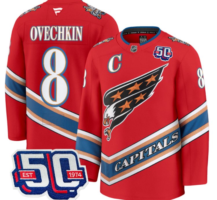 Men Alex Ovechkin Jersey 8 Washington Capitals Eagle 50th Anniversary Red