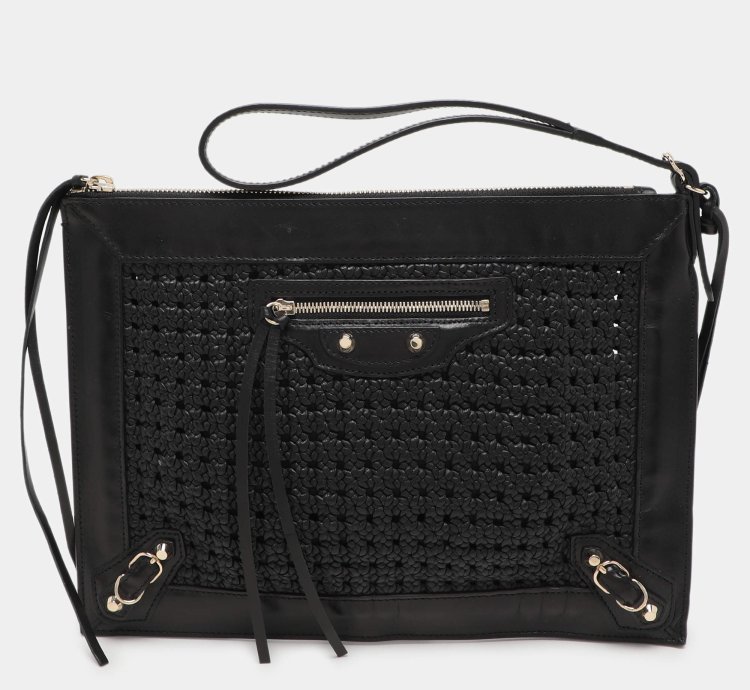 Balenciaga Black Leather Crochet Motorcycle Clutch