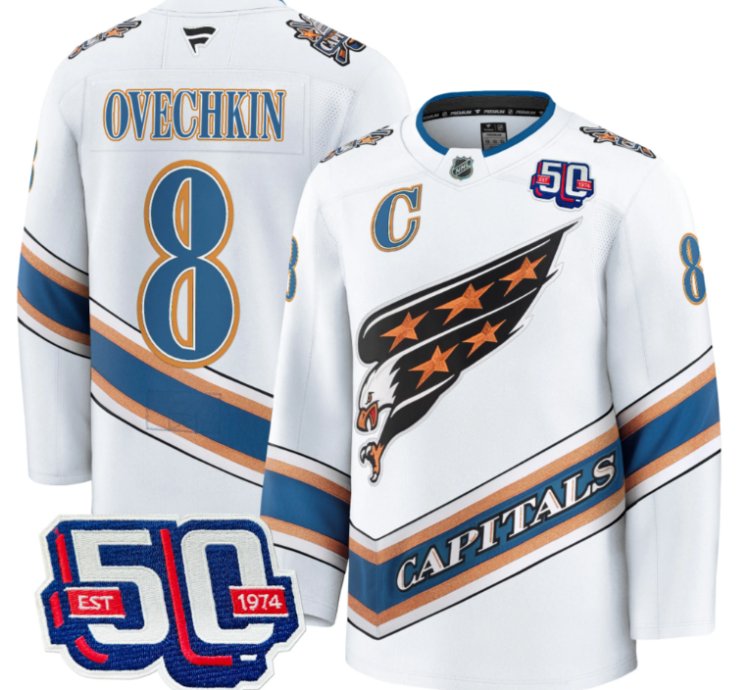 Men Alex Ovechkin Jersey 8 Washington Capitals Eagle 50th Anniversary White