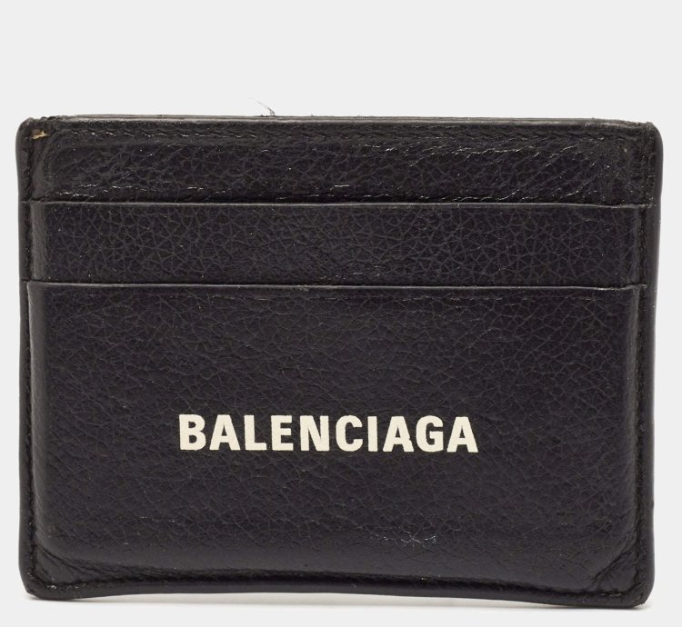 Balenciaga Black Leather Logo Print Card Case