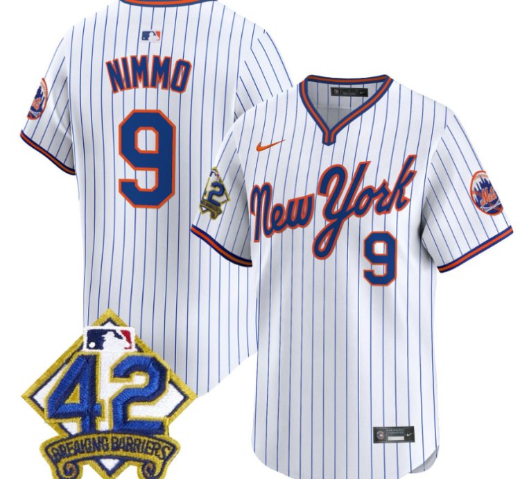 Brandon Nimmo Jersey 9 New York Mets 2025 Jackie Robinson Patch Road Alternate Stitched Pinstripe