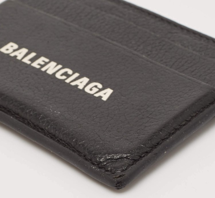 Balenciaga Black Leather Logo Print Card Case