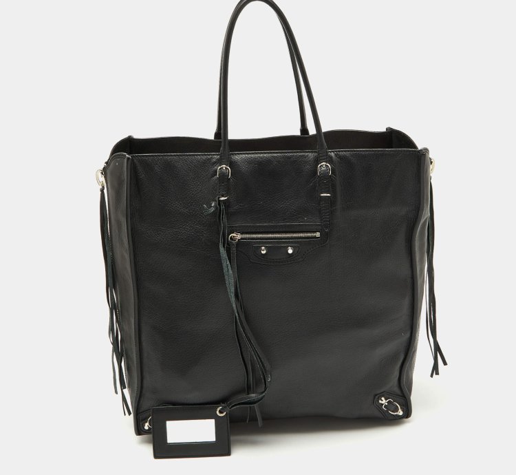 Balenciaga Black Olive Green Leather A5 Papier Tote