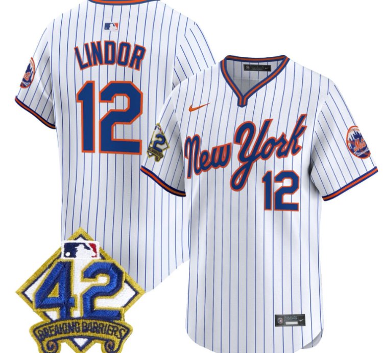 Francisco Lindor Jersey 12 New York Mets 2025 Jackie Robinson Patch Alternate Stitched Pinstripe