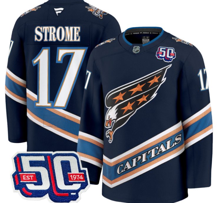 Men Dylan Strome Jersey 17 Washington Capitals Eagle 50th Anniversary Navy