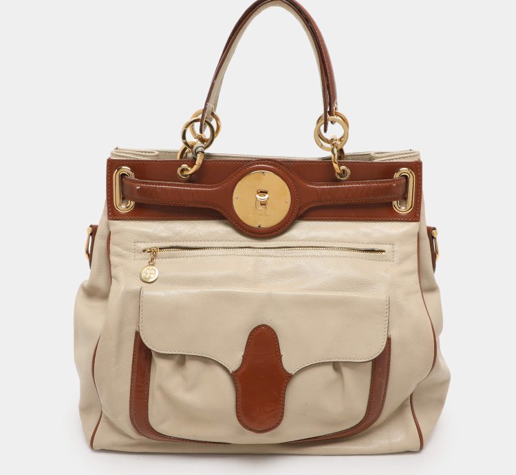 Balenciaga Cream Brown Leather Lune Tote