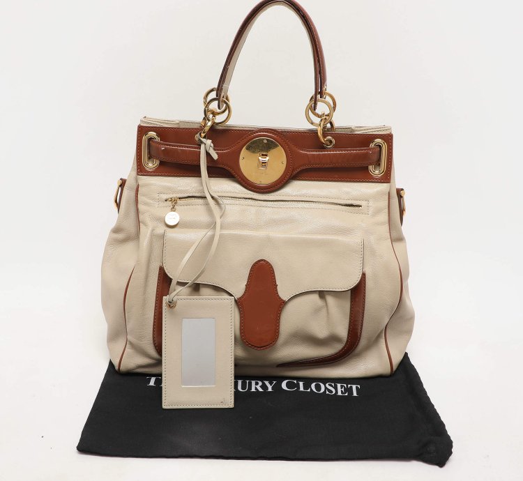 Balenciaga Cream Brown Leather Lune Tote