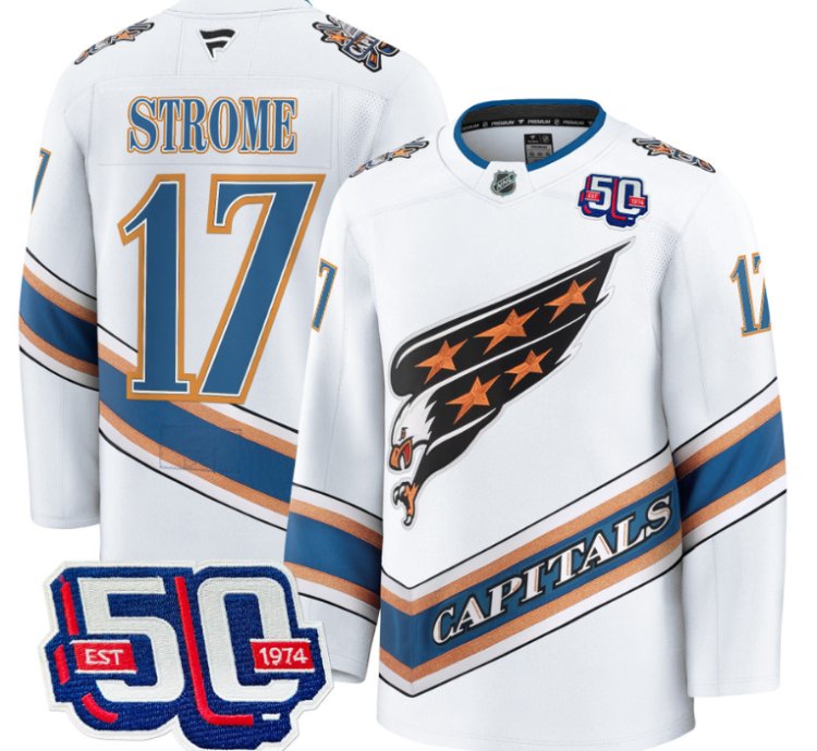 Men Dylan Strome Jersey 17 Washington Capitals Eagle 50th Anniversary White