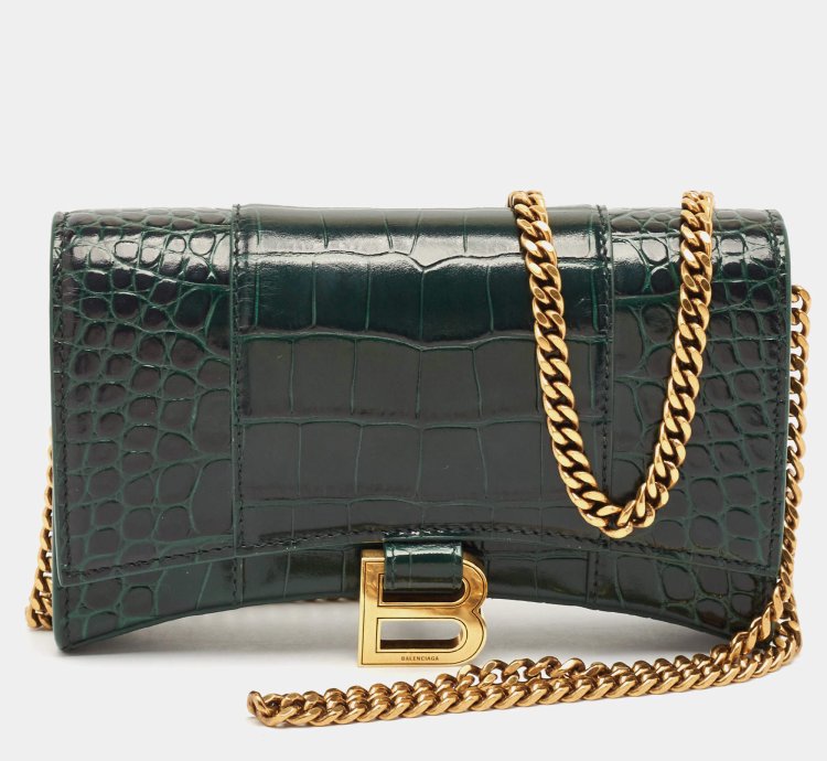 Balenciaga Green Croc Embossed Leather Hourglass Wallet On Chain