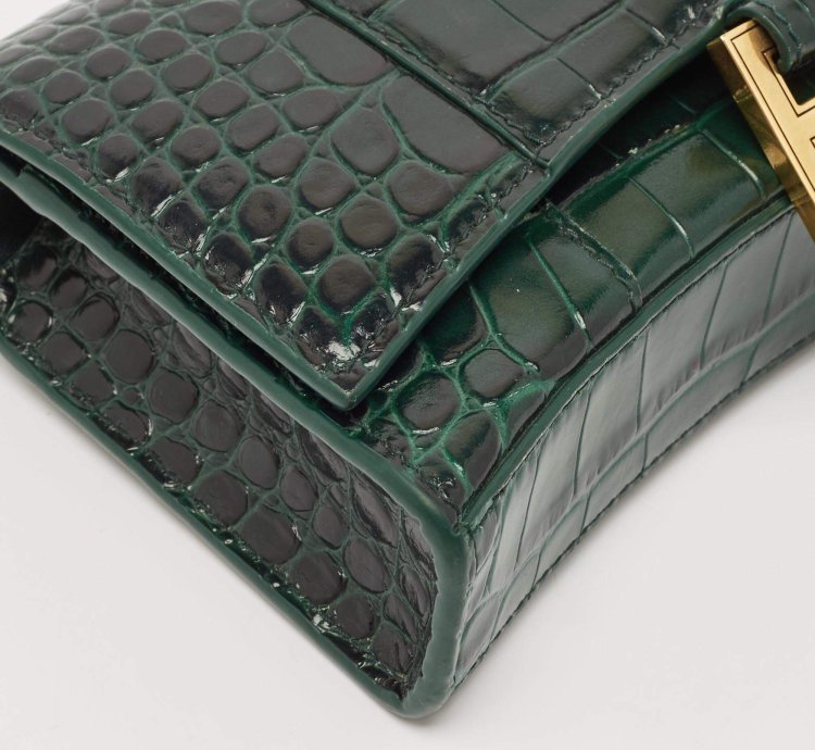 Balenciaga Green Croc Embossed Leather Hourglass Wallet On Chain