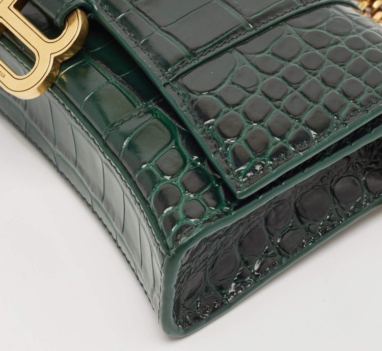 Balenciaga Green Croc Embossed Leather Hourglass Wallet On Chain
