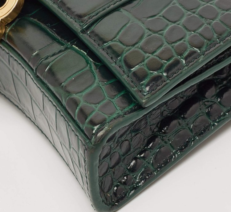 Balenciaga Green Croc Embossed Leather Hourglass Wallet On Chain