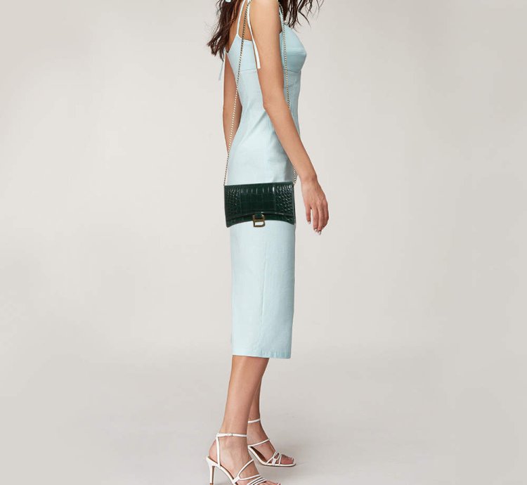 Balenciaga Green Croc Embossed Leather Hourglass Wallet On Chain