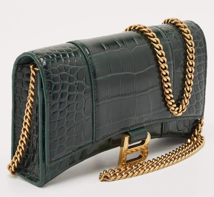 Balenciaga Green Croc Embossed Leather Hourglass Wallet On Chain