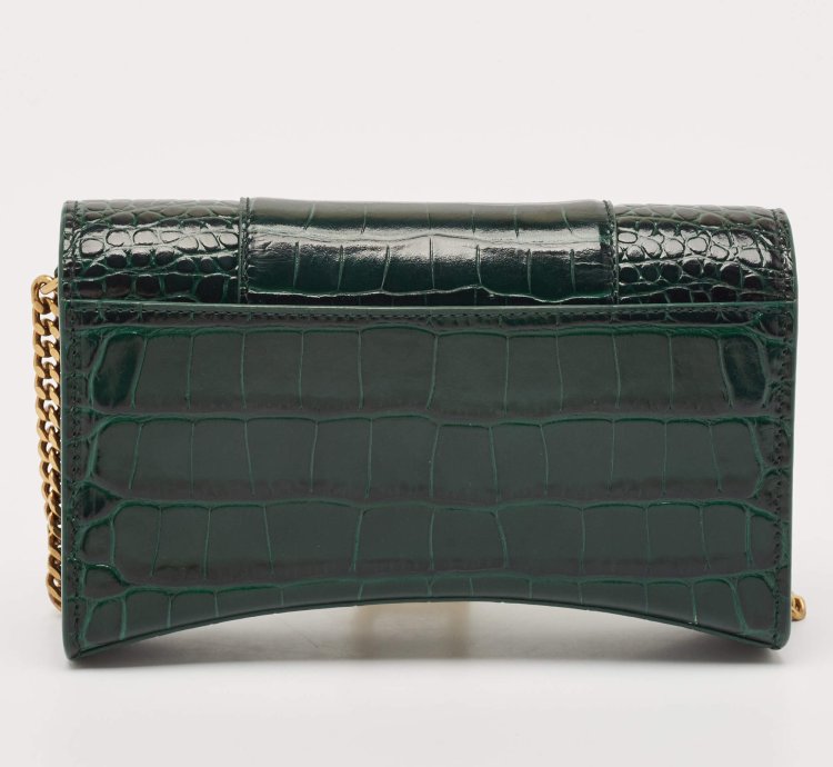 Balenciaga Green Croc Embossed Leather Hourglass Wallet On Chain