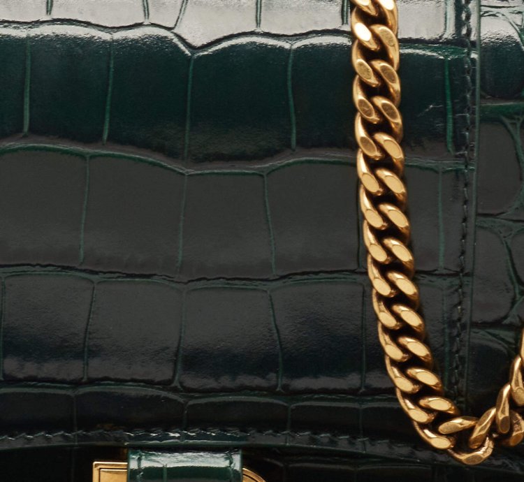 Balenciaga Green Croc Embossed Leather Hourglass Wallet On Chain