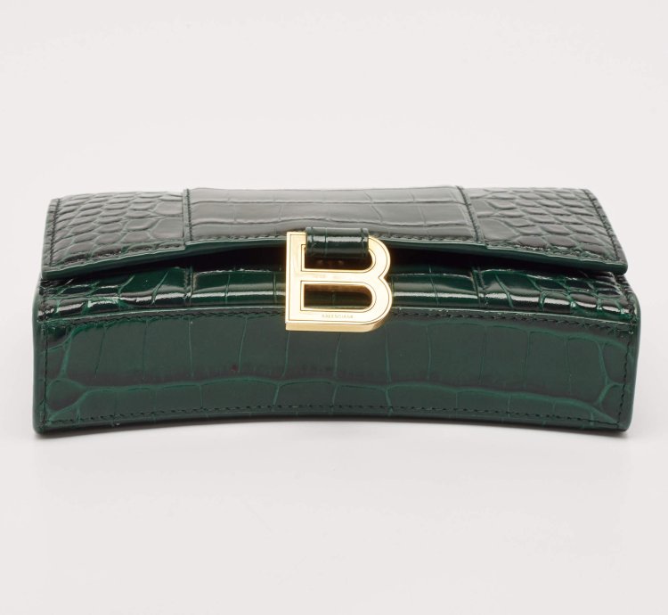 Balenciaga Green Croc Embossed Leather Hourglass Wallet On Chain