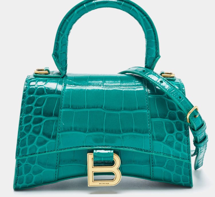 Balenciaga Green Croc Embossed Leather Xs Hourglass Top Handle Bag