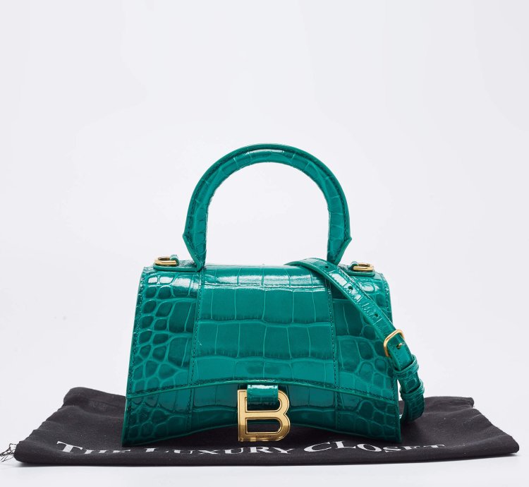 Balenciaga Green Croc Embossed Leather Xs Hourglass Top Handle Bag