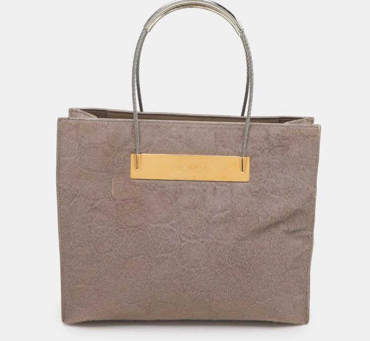 Balenciaga Grey Croc Embossed Calf Hair Small Cable Shopper Tote