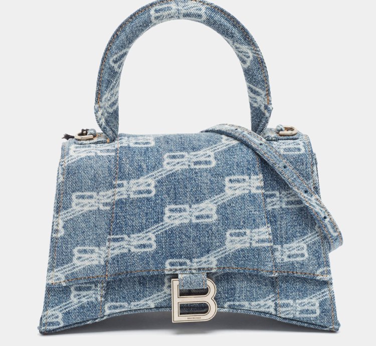 Balenciaga Light Blue Bb Monogram Denim Small Hourglass Top Handle Bag