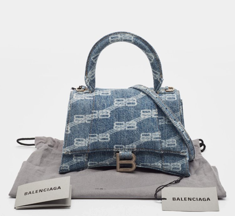 Balenciaga Light Blue Bb Monogram Denim Small Hourglass Top Handle Bag