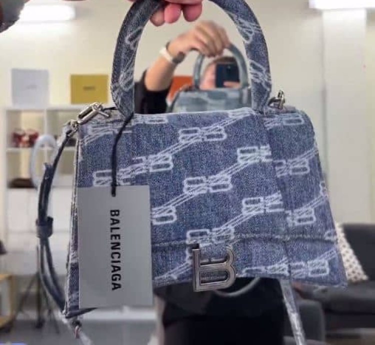 Balenciaga Light Blue Bb Monogram Denim Small Hourglass Top Handle Bag