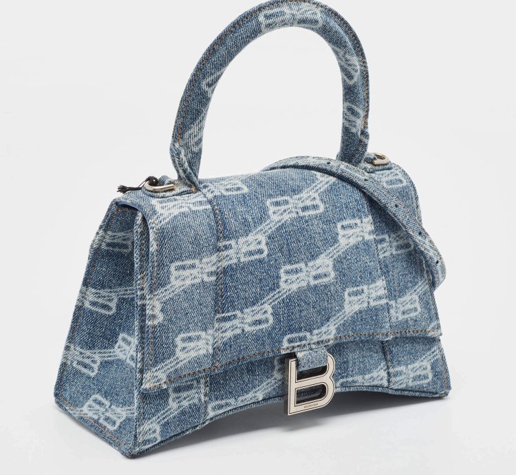 Balenciaga Light Blue Bb Monogram Denim Small Hourglass Top Handle Bag