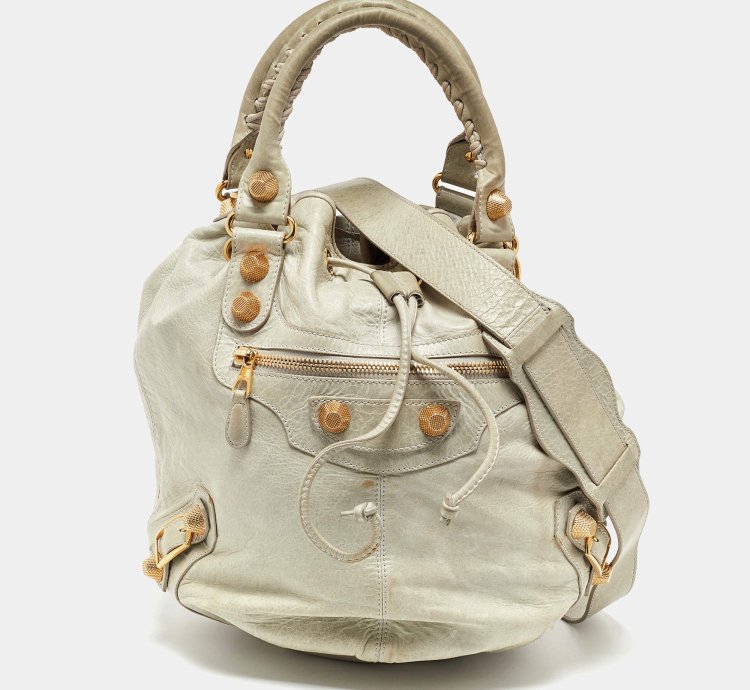 Balenciaga Light Grey Leather Ggh Pompon Hobo